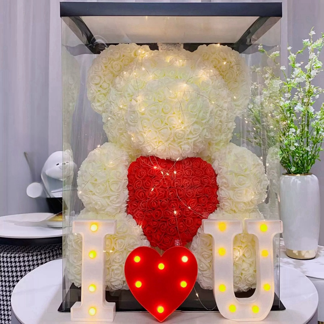 TEMU 1pc Realistic Artificial Foam Bear With Plastic Roses - Eternal Flower Bouquet Gift Suitable For Valentine's Day, , Weddings, Birthdays, - Tabletop For Decor, Desk, Or Bedside -