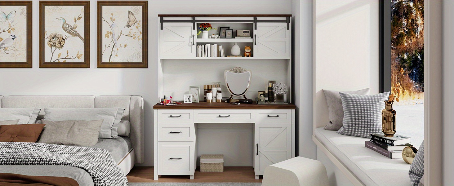 67h   with storage cabinet 5 drawers wooden office table computer desk with charging station sliding barn doors   office desk for home office study white Product details 6