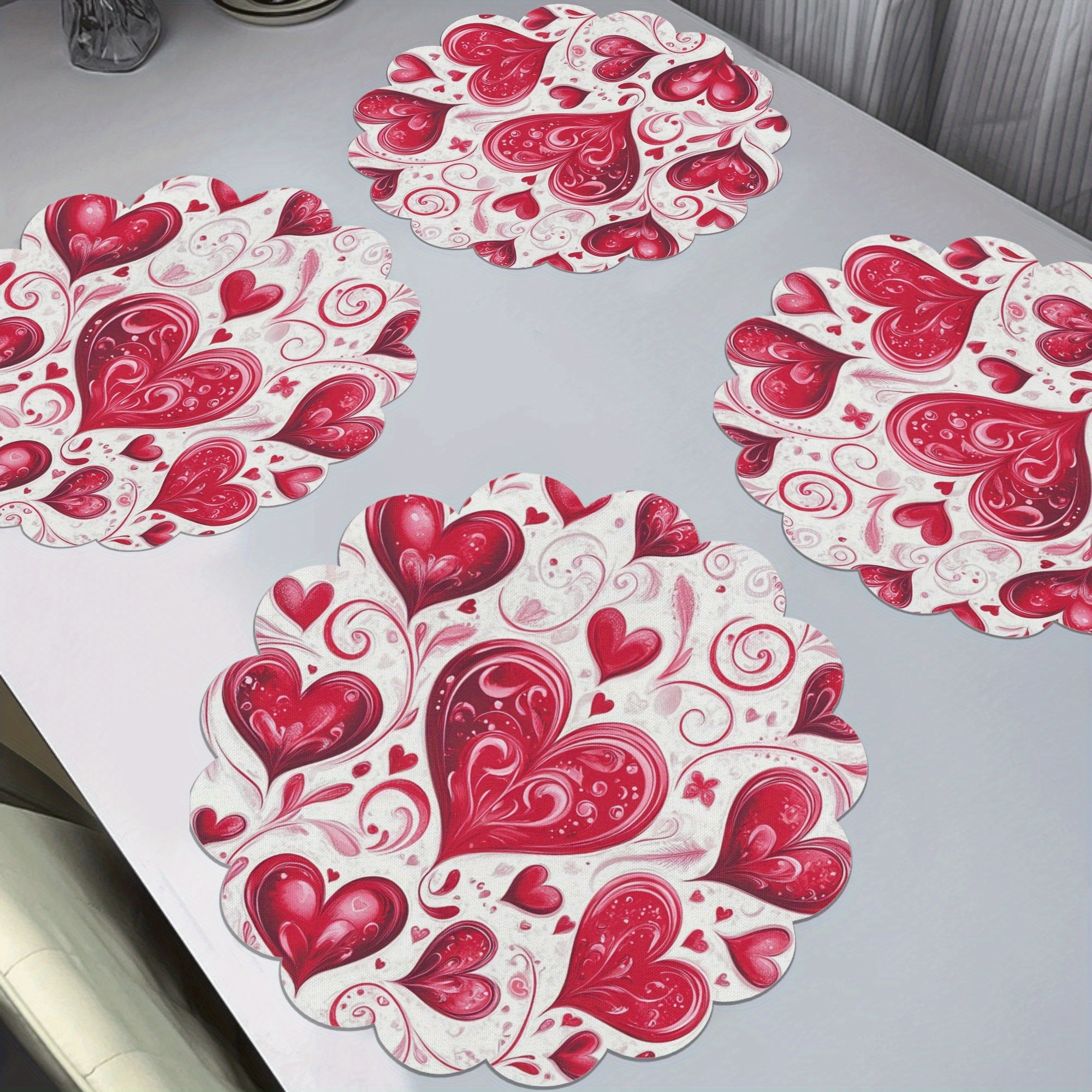 

4pcs Love Heart Placemats, 15x15in Round Polyester Table Mats, Woven, Non-slip, Machine Washable, Hd-printed For Valentine's Day Dinner Party & Home Decor