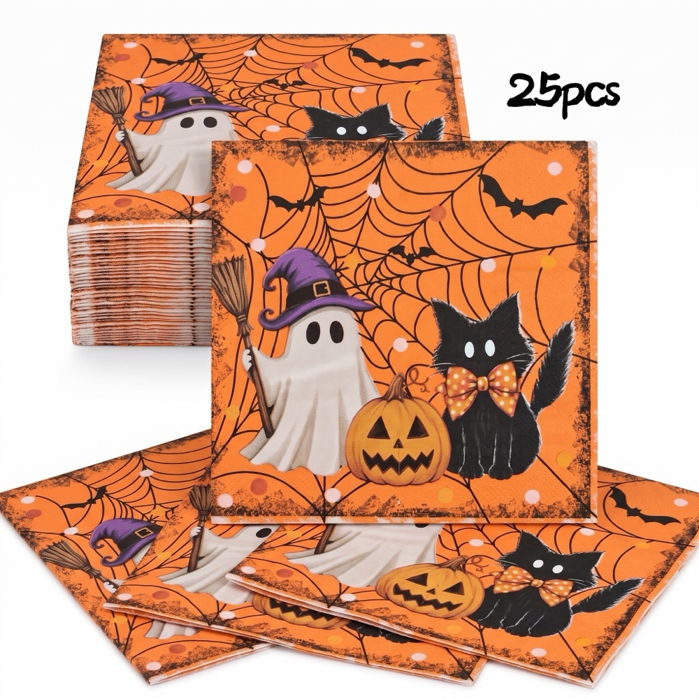 Image of 25/50pcs Halloween-themed Party Napkins With Cute And Black Cat Designs, Disposable Hand Wipes, Orange Halloween Party Table Decoration Napkins For Halloween、christmas