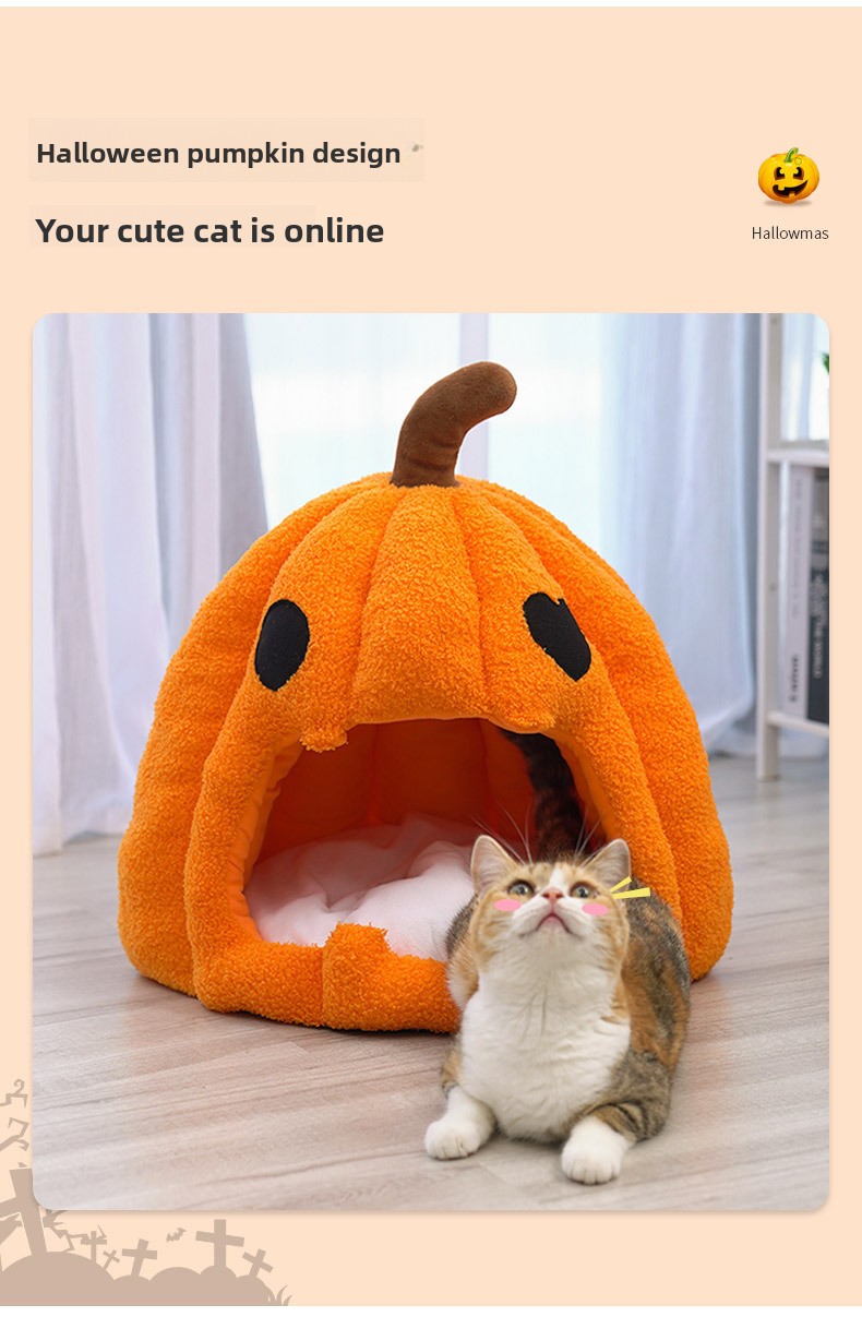 for halloween pumpkin pet nest orange plush soft fabric dome shaped enclosed pet bed with carved eyes and brown stem cozy hiding spot for small for halloween themed festive additions for indoor for halloween celebrati Product details 1