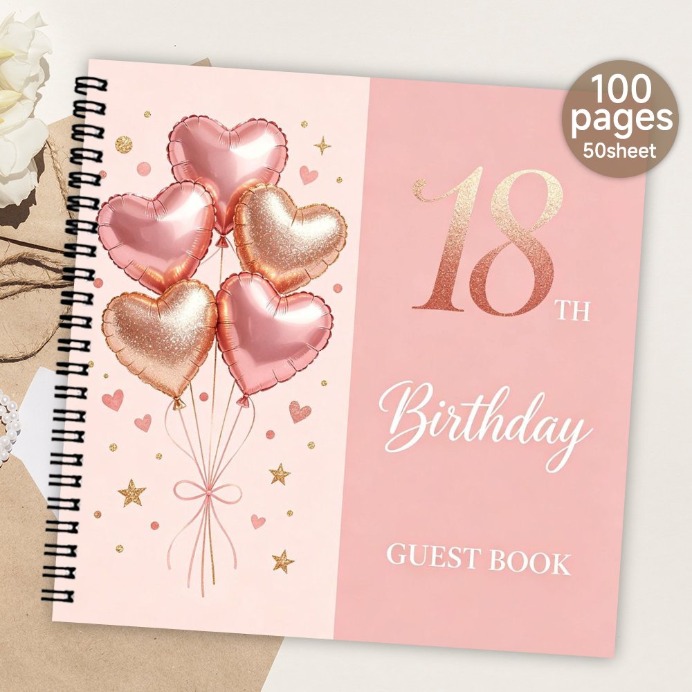 Image of 1pc Spiral Guestbook, 18th Birthday Blank Page Guest Book, Guest Book, Meaningful Gift & Souvenir Album For Family & , Pink Rose Balloon Themed Message Signature Book For 18th Birthday Party