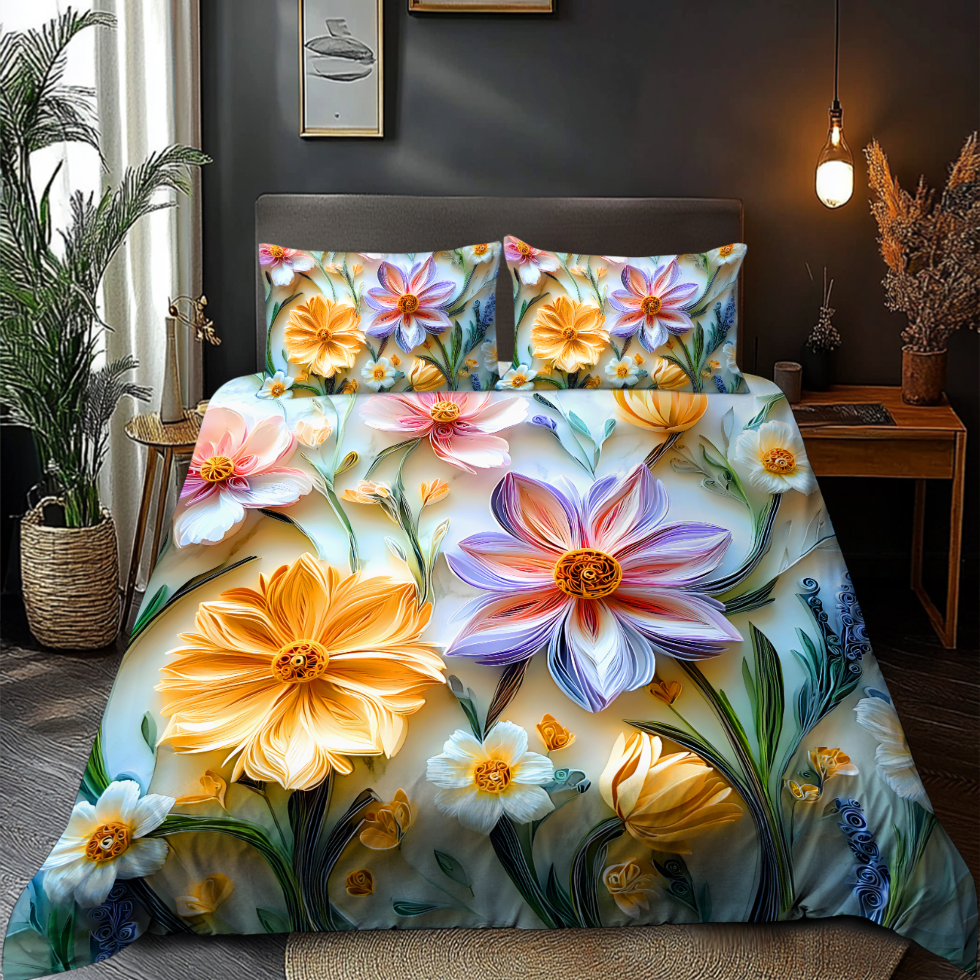 TEMU Jit2/3pcs Bedding Light Luxury Easy Style 3d Stereoscopic Yellow Flowers Purple Flowers Plant Floral Pattern, All- Brushed Duvet Cover Set