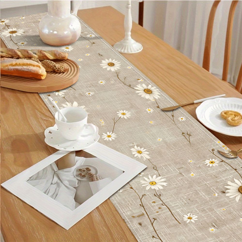 1pc Linen Table Runner, Daisy Pastoral Style 2d Printed Table Runner, Kitchen And Dining Room Decor, Suitable For Farm Birthday Party Decoration Home Kitchen Table Protection Rectangular
