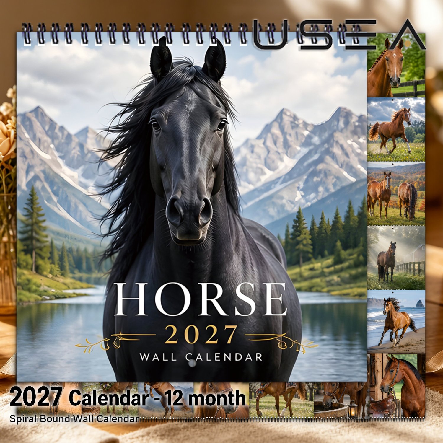TEMU 2027 Wall Calendar Twin Wire Spiral Binding Hanging Square Wall Calendar, Monthly Planner 12-month Yearly Organizer With Large Blocks, Horse