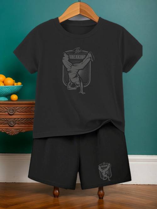 item picture black and white figure silhouette sports fitness theme cute boys casual comfortable short sleeve t shirt and shorts 2pcs set spring summer outdoor trendy element best gift for children for outdoor