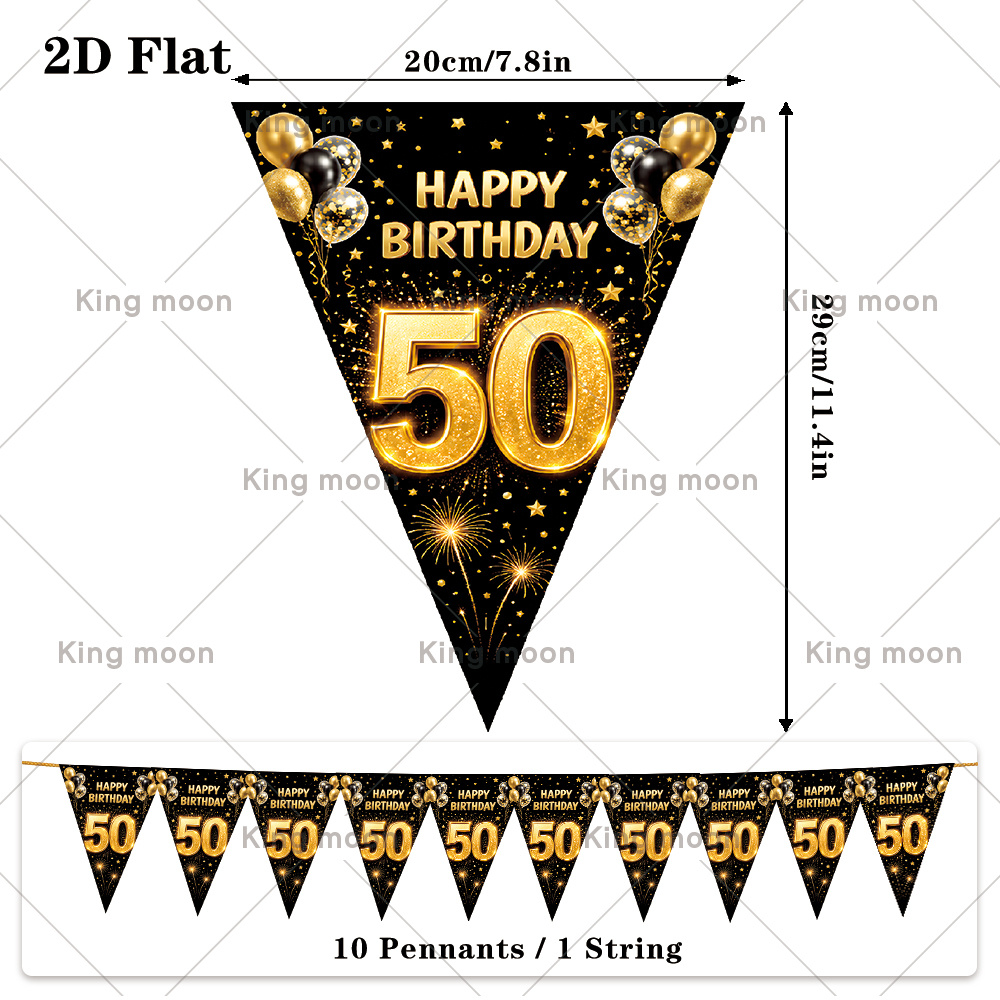 TEMU 2d Flat, 2d Flat Banner, 10pcs 50th Adult Birthday Triangle Pennant Banner, Black And Firework Themed Birthday Pull Flag, Banquet Atmosphere