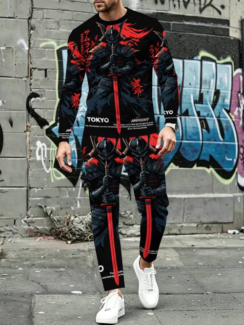 pánska domáca súprava v anime štýle s bojovým vzorom, tričko s dlhým rukávom a dlhé nohavice, trendy potlač, čierno-červená , motív