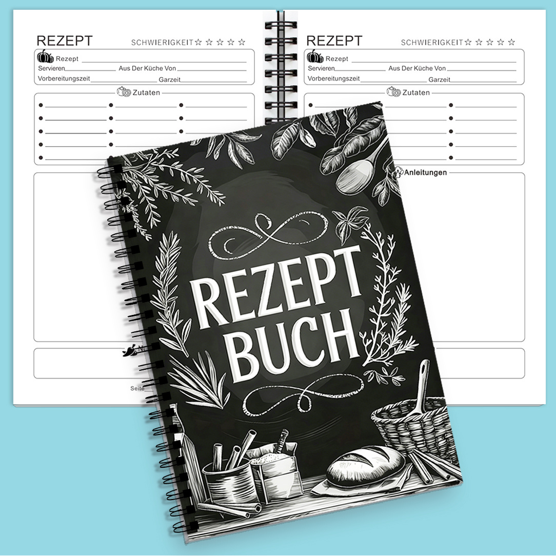 TEMU -Notizbuch ., schwarzer Hintergrund mit Küchenutensilien-Kreidetext-Stil, deutsche Version Rezeptnotizbuch, Back- Dessert-Aufzeichnung, Spalte