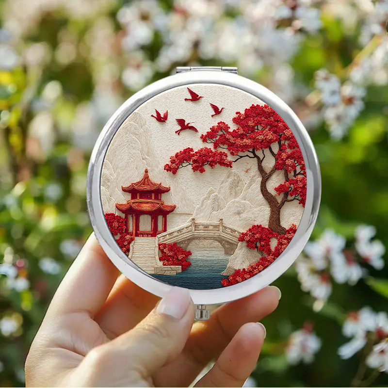 1pc 2d Flat Vintage Makeup Mirror Featuring A With A Chinese Landscape Including Textured Mountains A Red And A Vibrant Tree With Perfect For A Wedding Gift, 2d Flat