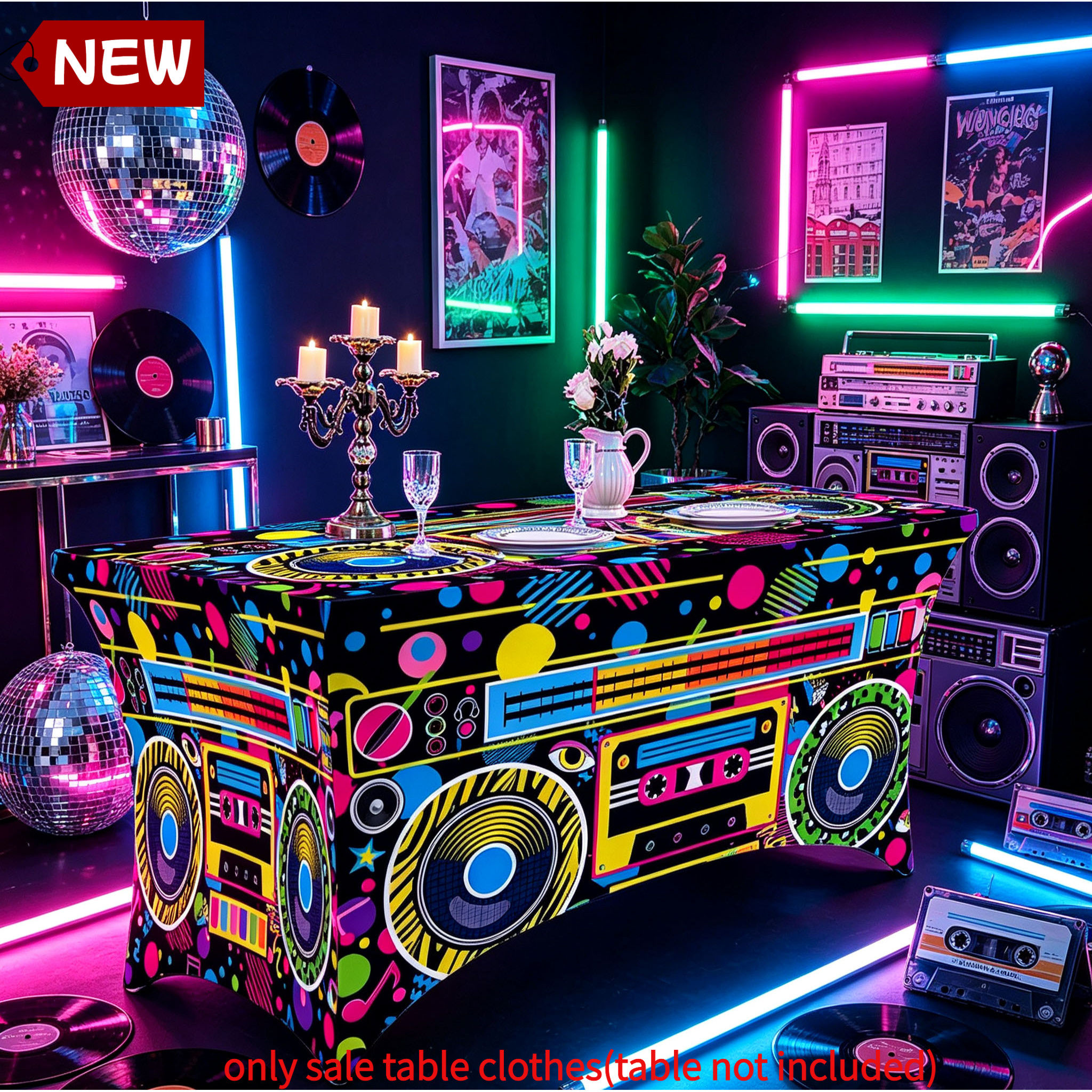 TEMU 1pc Elastic Full Wrap Rectangular Table Cover, Colorful Vintage Graffiti Design, Fun 90s Music Disco , Tight Fit Anti-wrinkle Fabric, Ideal For