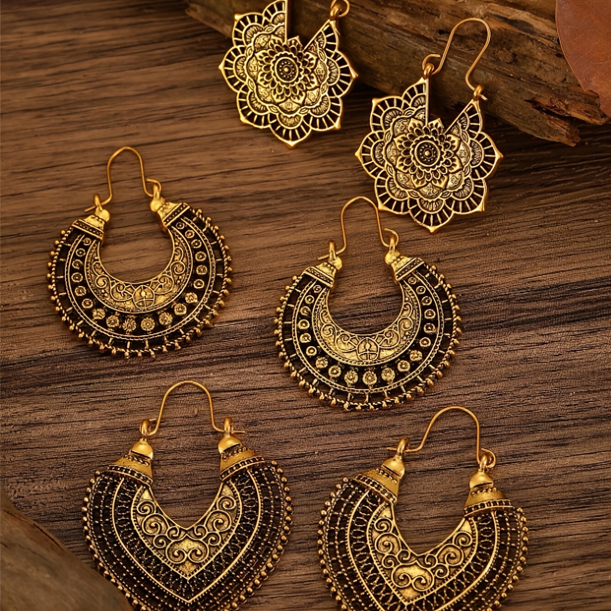 TEMU 3 Pairs Of Bohemian Retro Style S925 Sterling Silver Earring Sets, With Hollowed-out Floral And Geometric Designs, Fashionable Bohemian-style