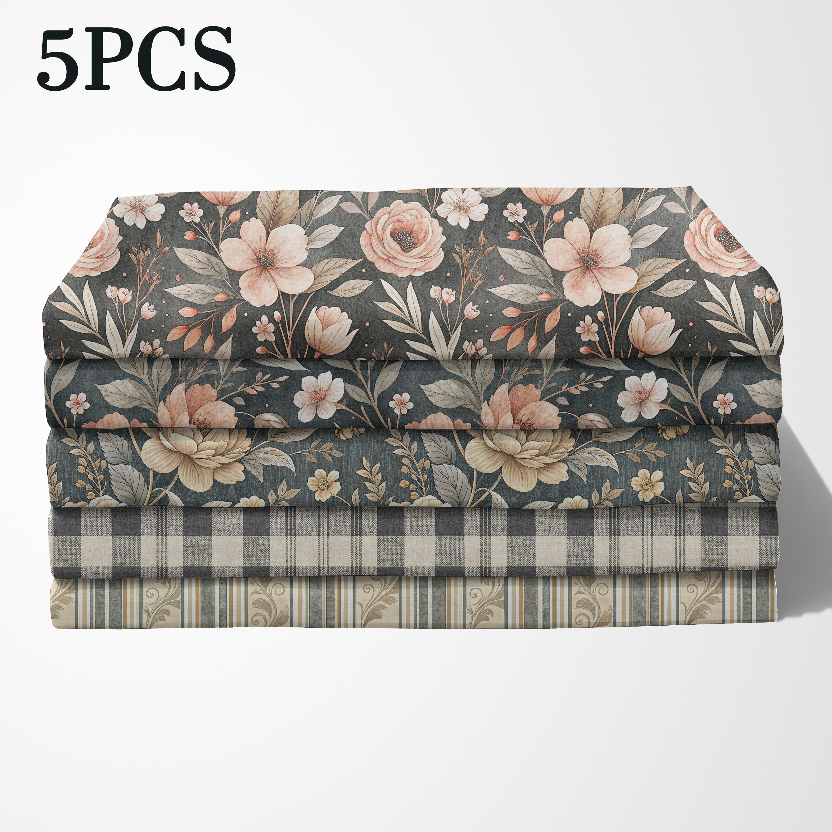 TEMU Lot de 5 Fat Quarter avec 5 différents : motif de à défilement vertical, fleurs de sur fond à base d'encre, vichy contrasté , petites grappes