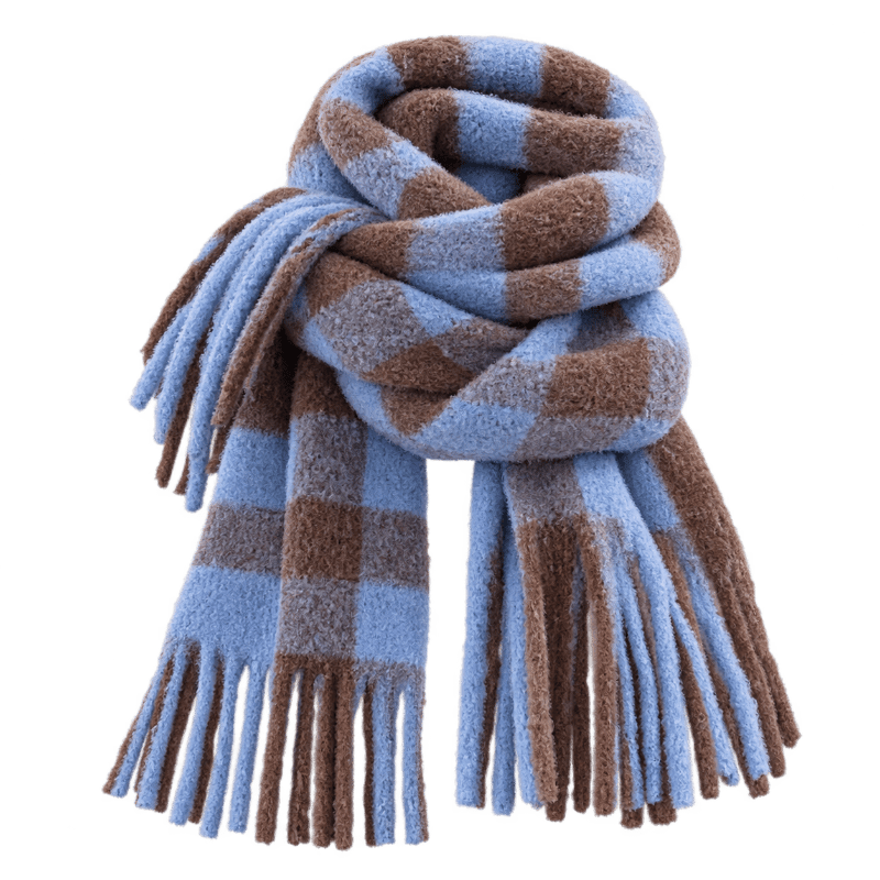 TEMU 1pc Blue Brown Scarf With Tassels, Women's Autumn Winter Thickened Cashmere Long Neck Scarf, Retro Color-block Checkered Design, Soft And