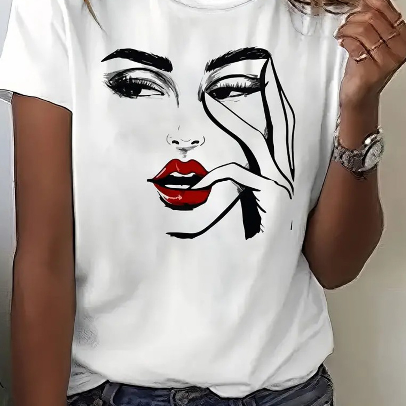 

1pc, Women's Facial Printed T-, Sleeved Round Top For Summer And , Sleeved T- Top - Fun Graphic Printed Round Top