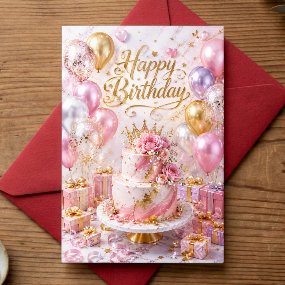 TEMU Elegant Birthday Greeting Card With Envelope For Celebrating Special Occasions Featuring Pink And Golden Balloons Floral Cake And Gift Boxes