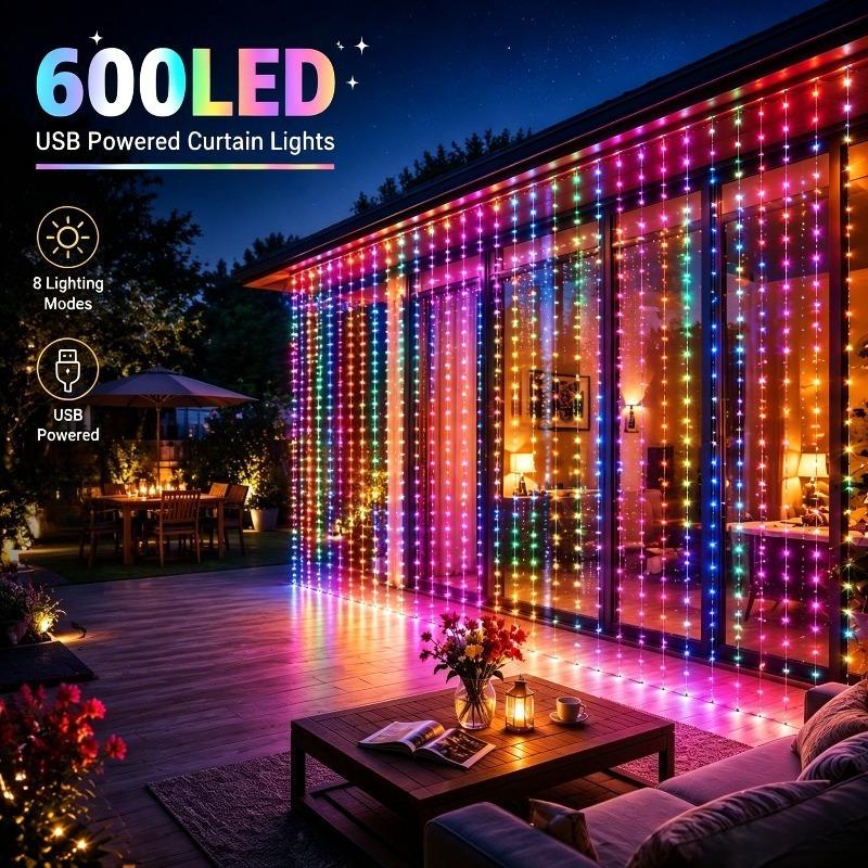 TEMU 600led Christmas Curtain Light | 8pcs Flashing Modes | Powered Fairy Light String Led Curtain Light | Warm White/colorful/white Light 3-color