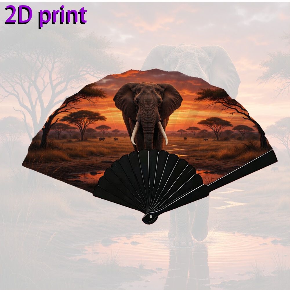 TEMU 2d Flat - 1pc Unisex Fashionable 2d Folding Fan, Wilderness , Portable Handheld Foldable Fan, Suitable For Parties, Weddings, Rave Parties,