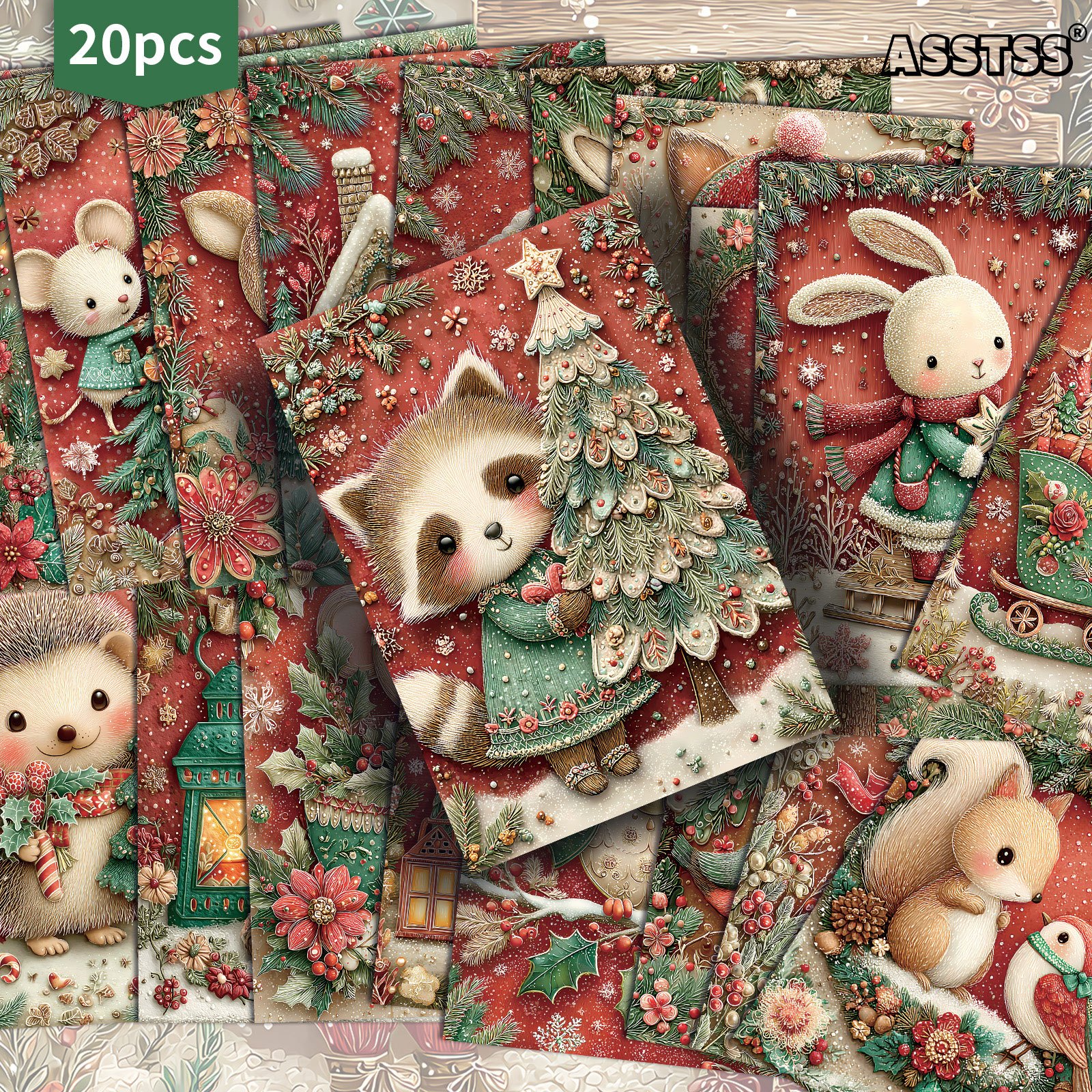 TEMU 20-pack Asstss Cute Forest Animals: Raccoon And Bunny Christmas Gift Cards - 4x6 Inches Retro Junk Journal Paper, Classic Pinup Illustrations,