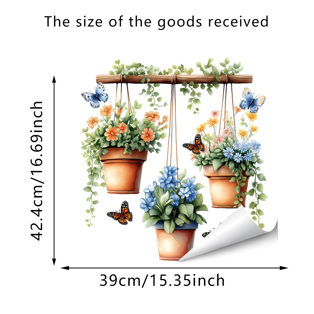 Image of 1pc Fresh Plant Natural Wall Decals, Colorful Potted Plants With Hanging Vines And Flying Insect Designs, Removable Peel-and-stick Wall Art Suitable For , Corridors, And Windows, In A