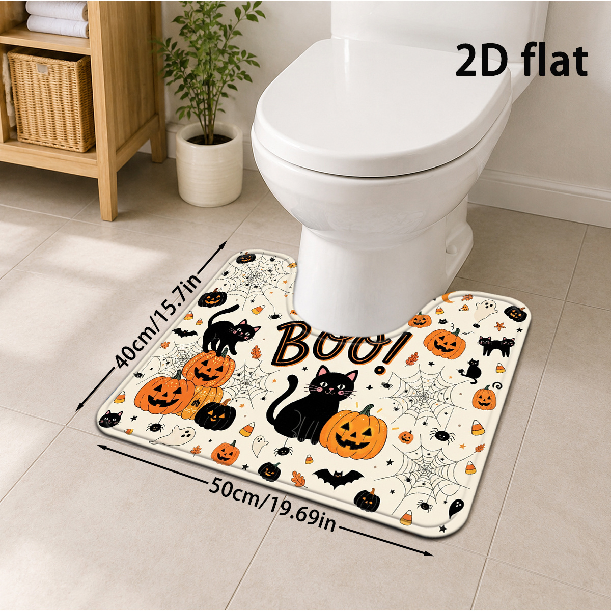 TEMU 2d Flat, 2d Flat 1pc Black Cat Pumpkin Web Candy Bat Bathroom Mat, Halloween Gothic Dark Holiday Floor Mat, U-shaped Toilet Mat, Soft Thick