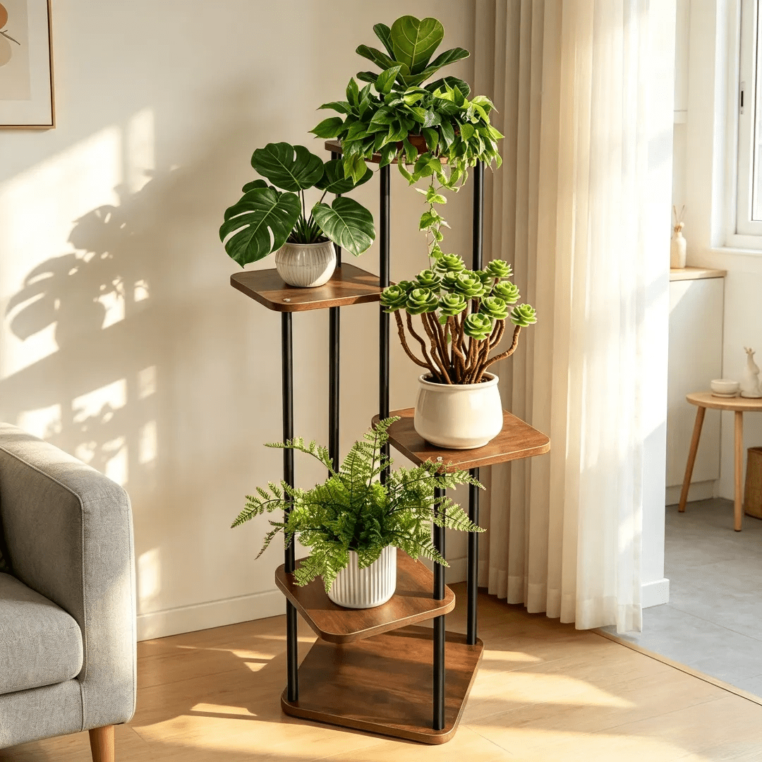 Image of 5-tier Ironwood Flower Stand, Bookshelf, Sofa Side Shelf; Small Footprint, Large Space Utilization; Load-bearing Capacity, No Deformation; Aesthetically ; Sturdy And Reliable Frame; 30*30*106cm