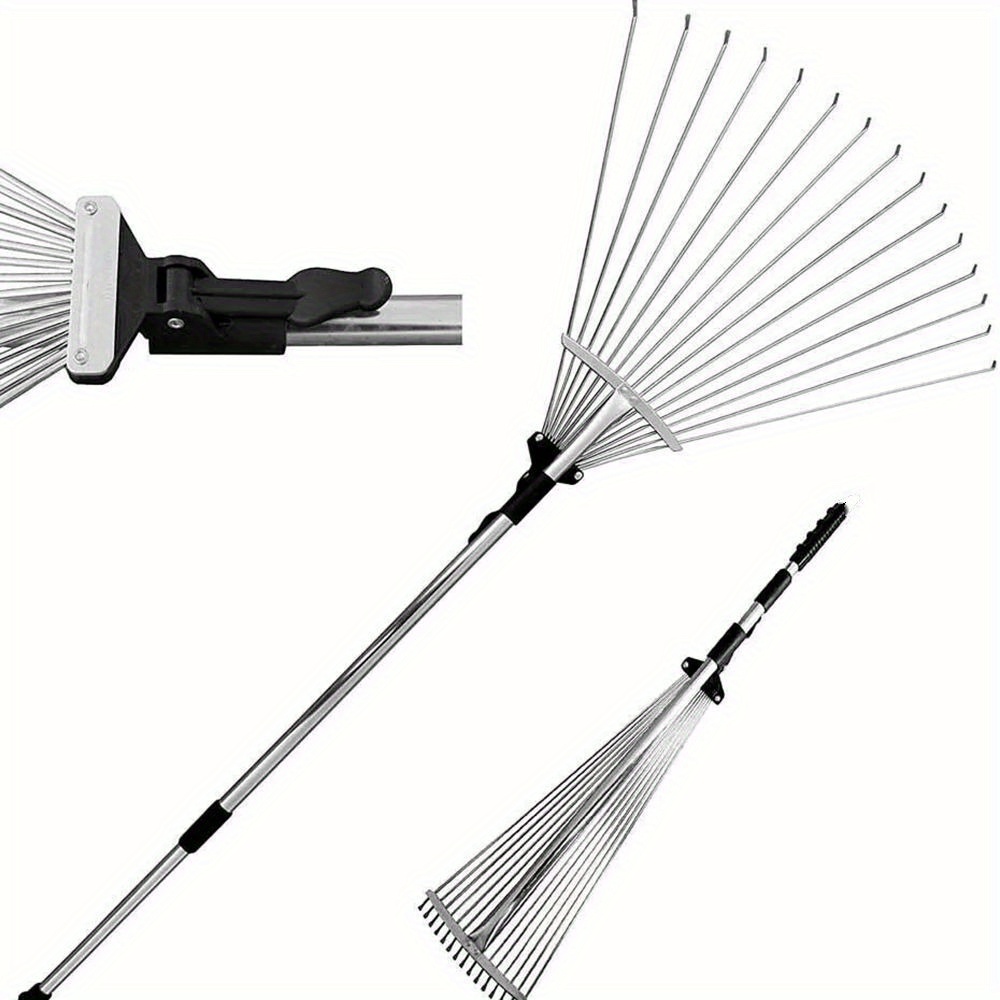 TEMU Telescopic Rake With Ergonomic Handle & Adjustable Jaw - 165cm Heavy-duty Metal Garden Rake For Lawn, Yard, Rv Camping - Lightweight Leaf Rake