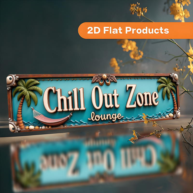 E-shop 2D Flach, Vintage Tropical Beach Wandschild - Aluminium Metall Wanddekoration für Zuhause, Café, Büro - Retro Palmen & Liegestuhl Schild,