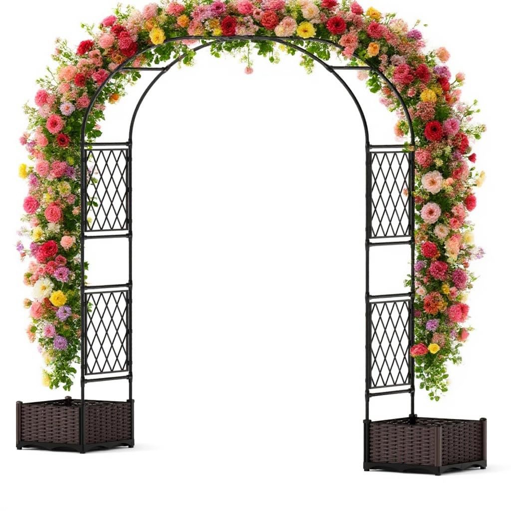 230cm Garden With 2 Planter Boxes, Metal Garden Arch Trellis For Climbing Plants, Decorative Archway Wedding Arch Frame, Weather-resistant Trellis For Lawn Backyard Yard