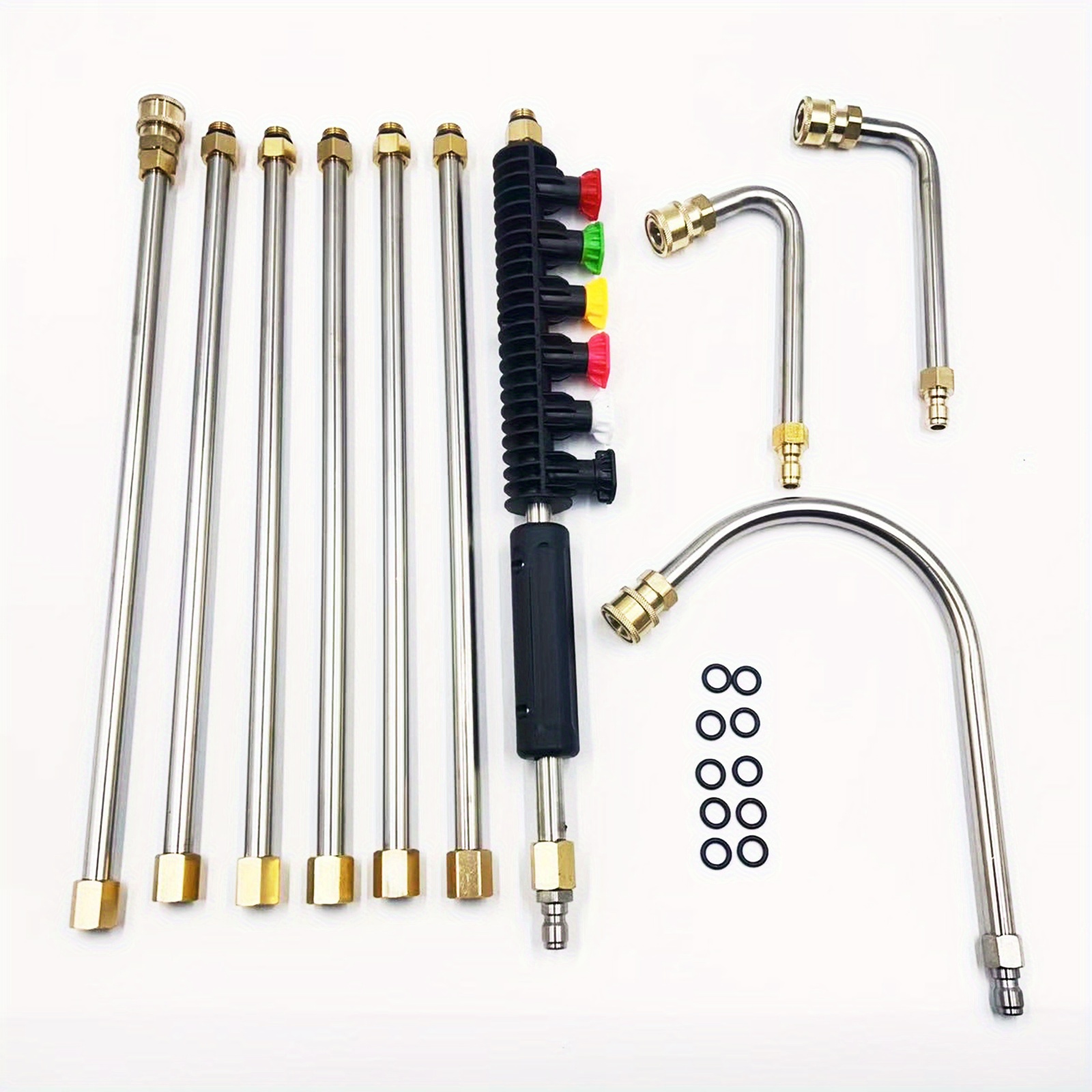 TEMU 10pcs/ Set High Pressure Washer Extension Wand, 1/ 4 Quick Washer Lance With 6 Nozzle Tips, 30°, 90°, 120° Gutter Cleaning Curved Rod, 4000 Psi,