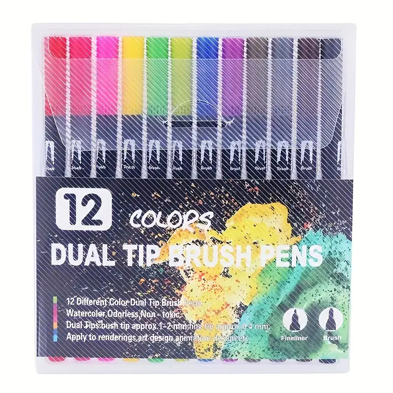 TEMU 12 stylos aquarelle à double pointe - Ensemble de couleurs vibrantes pour peinture, et artisanat, plastique durable, cadeau d'Halloween idéal,