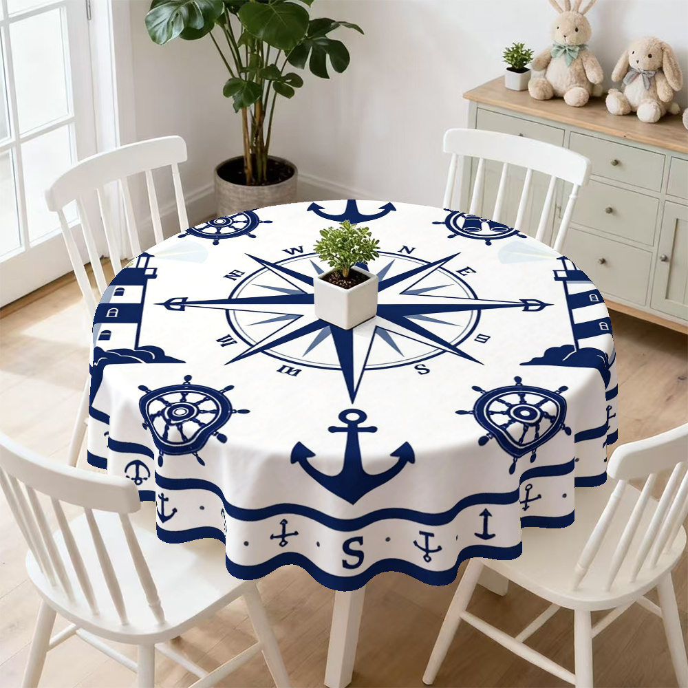 TEMU Nappe 1 pièce de style pour table ronde avec motif maritime bleu et blanc, impression 2D, convient pour l'été, les fêtes, les -, les réunions,