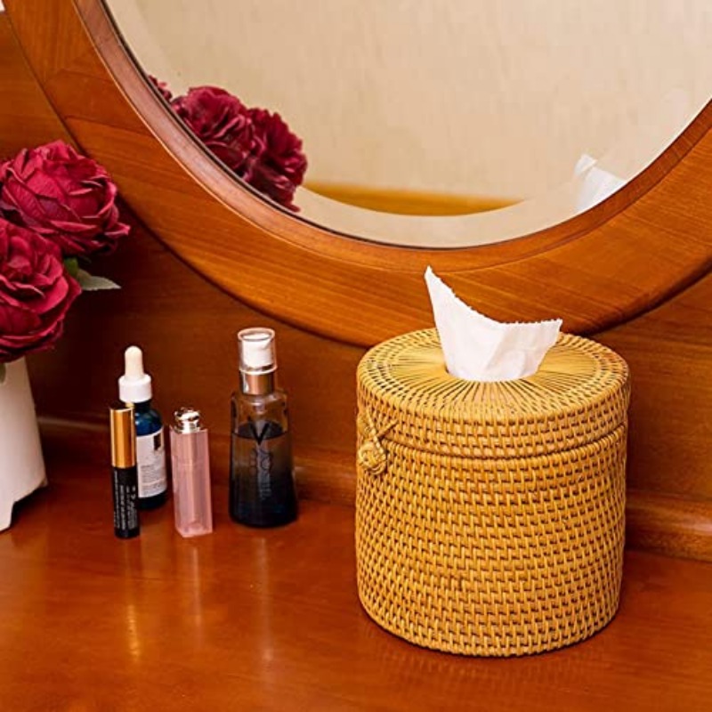 2pcs natural woven tissue box cover with lid rustic farmhouse bathroom decor toilet paper holder with openning compatible with single rolls for bathroom   room   no tools needed   rattan design sturdy base decorative storage ecoconscious buyers Product details 5