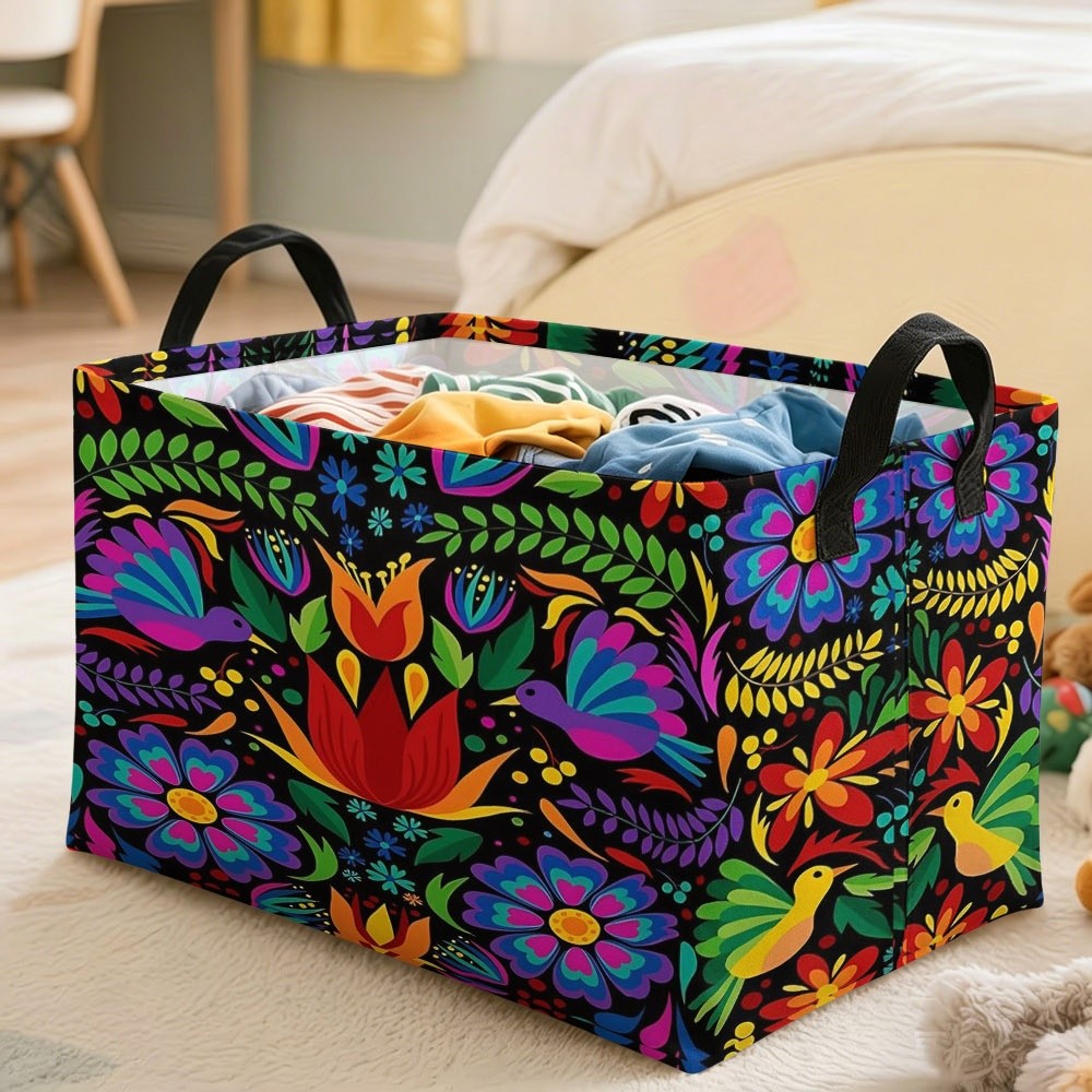 TEMU 1pc, Storage Basket With Traditional Pattern, Intricate Colorful Floral Bird Print On Black Background, Multiple Specifications , Decorative