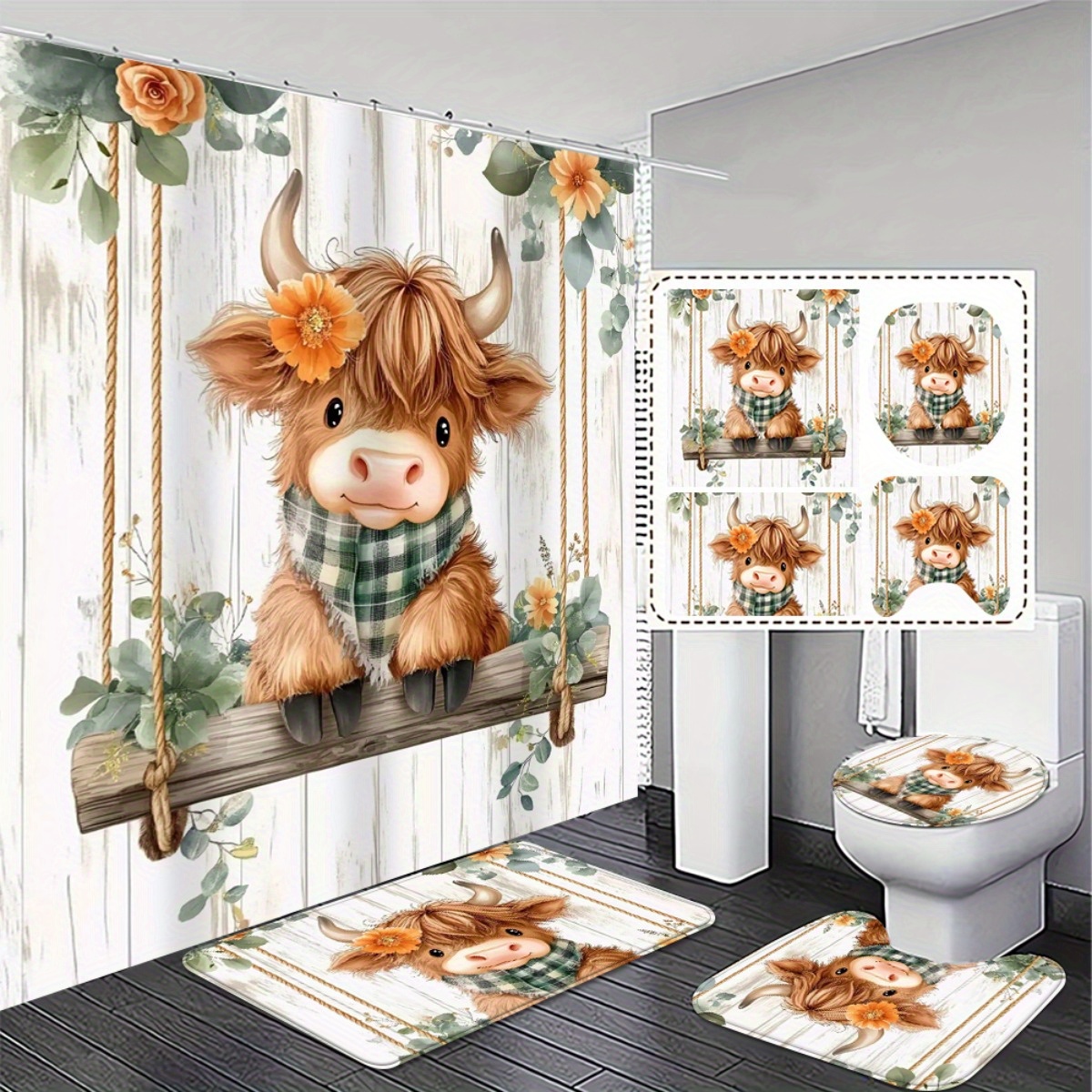 TEMU 4pcs, Elegant And Comfortable, Cartoon Cute Highland Cow Bathroom Set - Shower Curtain And Non-slip Bath Mats Toilet Lid Cover With 12 Hooks.