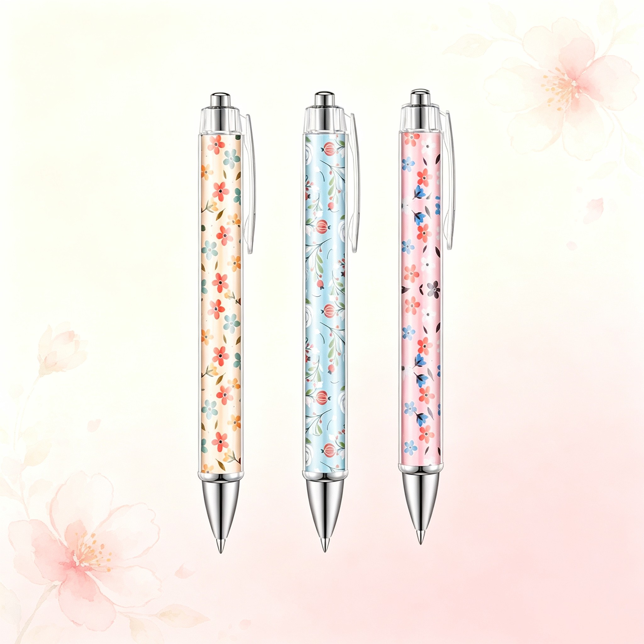TEMU 3-pack Floral Print Click, 3 Fresh-colored Barrels, Smooth Writing, Long-lasting, Resists Eye , Black Ink, Women's Floral Writing For Journals,