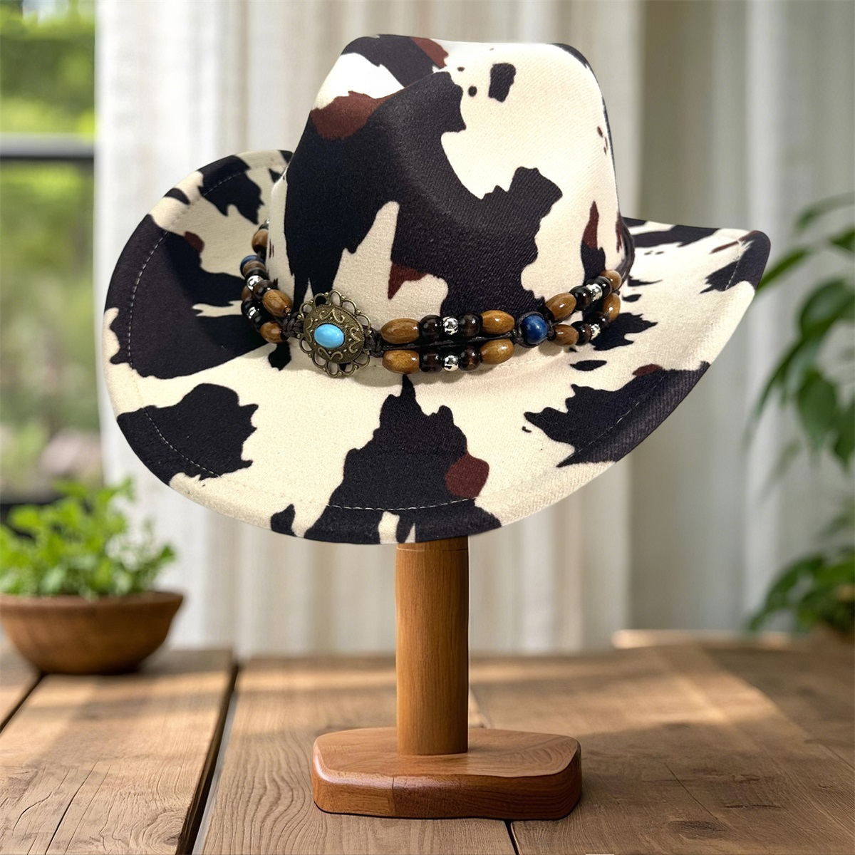 western style wide brimmed hat cow print men women complete  display picture 1