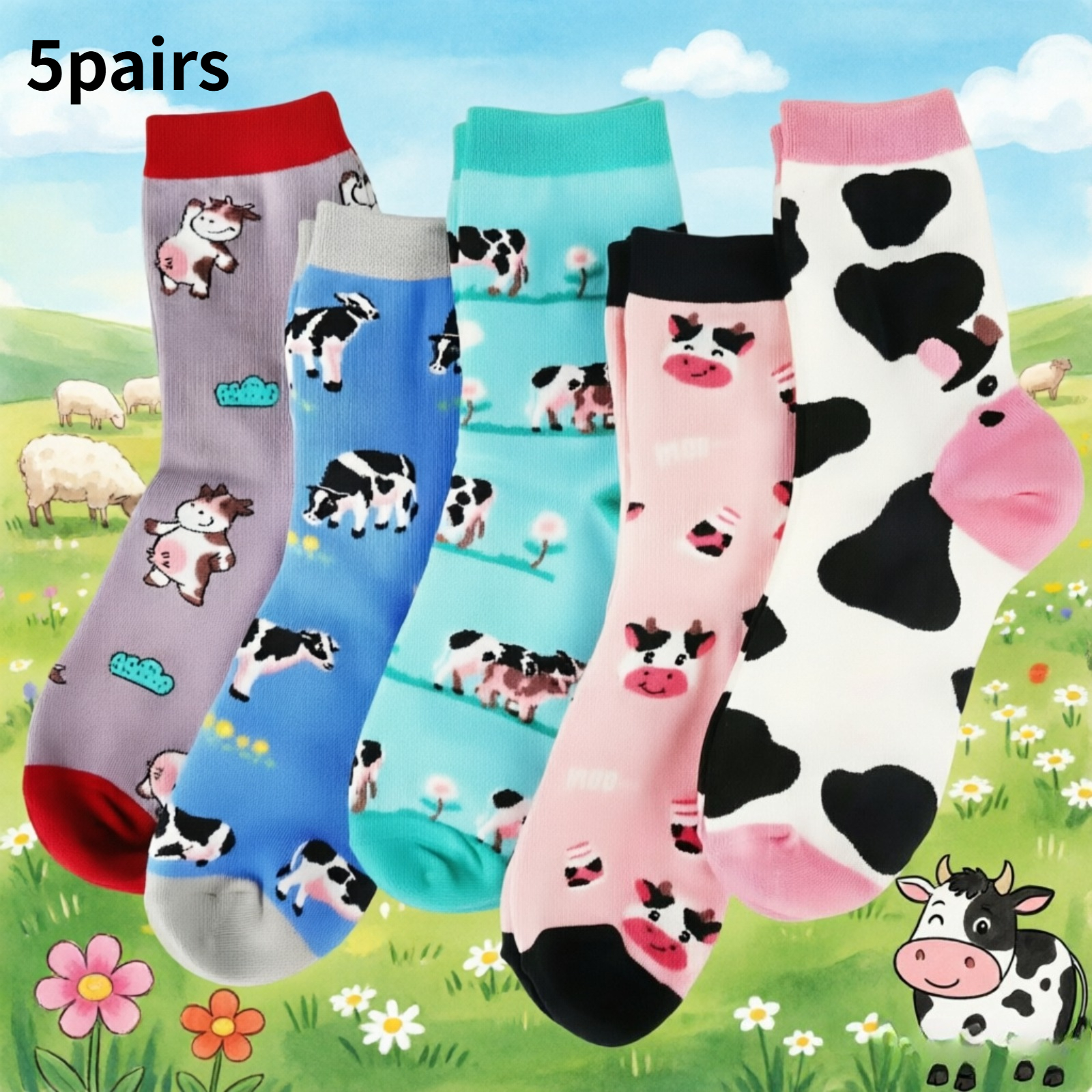 TEMU 5 Pairs Of Cute Cow-themed Women's Socks, A Gift For Cow Lovers, Fun, Novel, And Trendy Women's Socks, Socks, A Novelty Gift For Grandmothers,