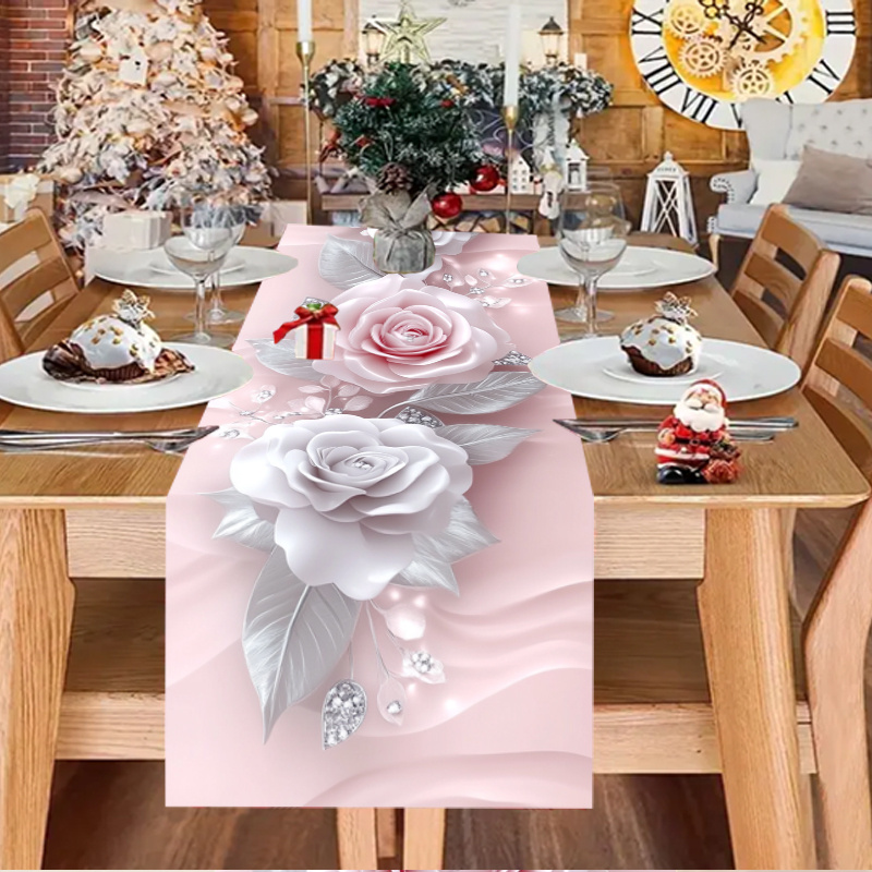 Image of Elegant White Rose And Crystal Pattern Table Runner, Fashionable Tablecloth, Unique Tablecloth, Artistic Tablecloth, Suitable For , Table Decoration, Holiday Decor, Room Decor, Scene Decoration