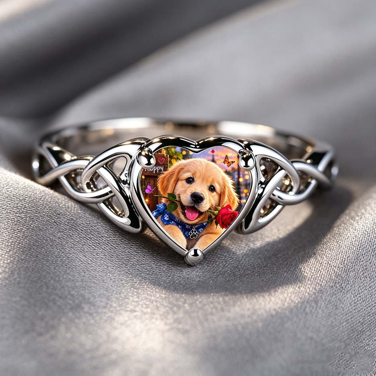 Fluffy Golden Retriever Puppy Ring, Celtic Knot Band Design