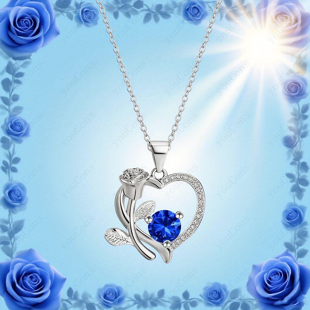 Women's Luxurious Deep Blue Synthetic Zirconia Heart Rose Pendant Necklace