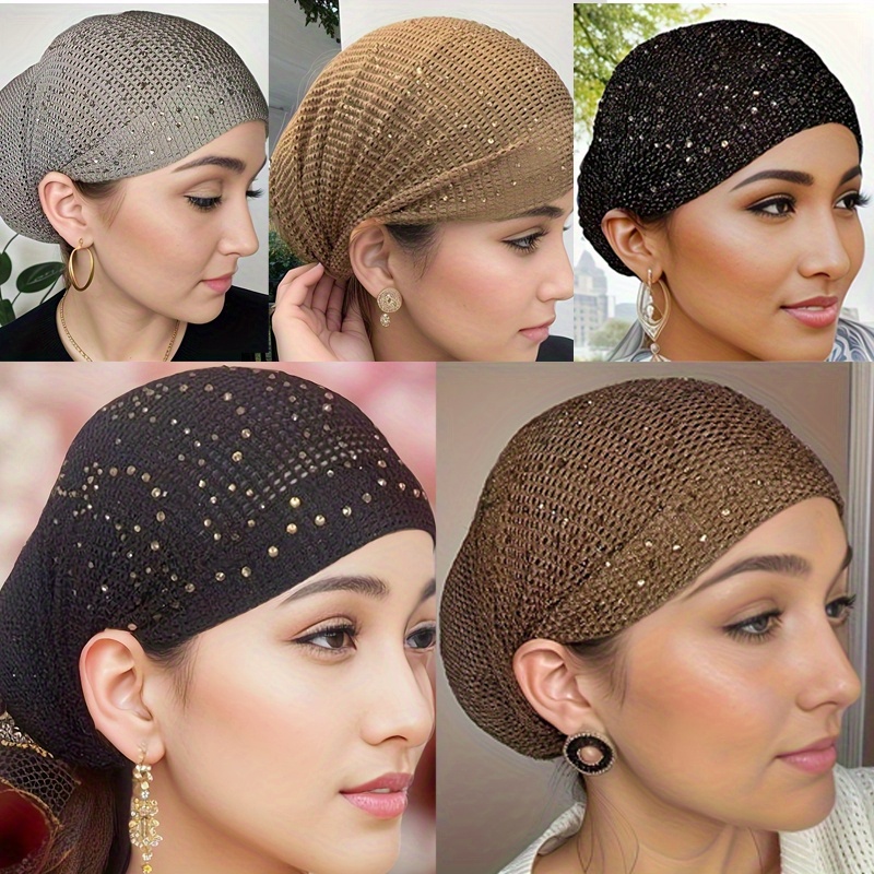 item picture 3pcs womens elegant retro hot stamping perforated   caps with elastic mesh toe snap closure lightweight   for   washing sleeping daily formal events multi color beige   islamic christian neutral headscarf cap comfortable versatile   head sizes