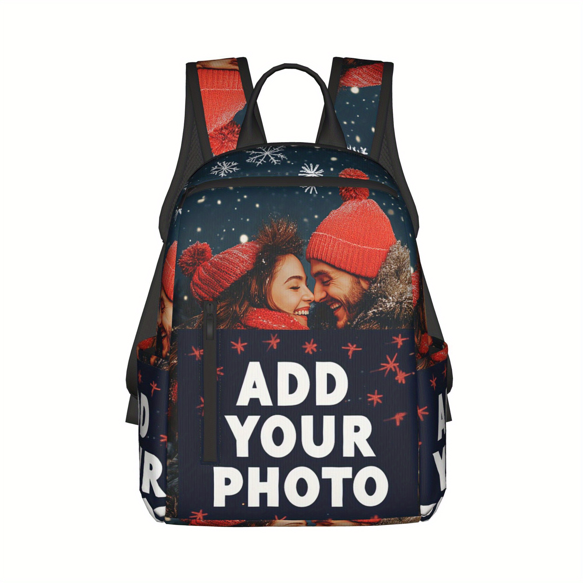 

Customizable Lightweight Backpack With Your Photo - Polyester, Waterproof, Design With Snowflakes & Stars, Adjustable Straps For School, Work, Travel, Hiking & Camping