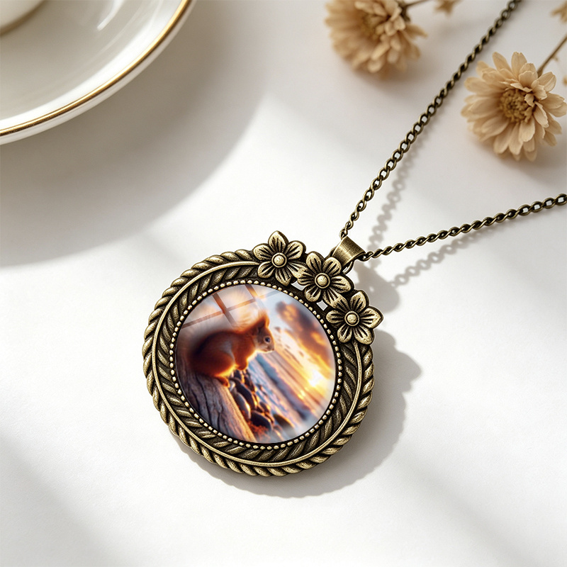 Squirrel Seaside Sunset Round Glass Dome Necklace