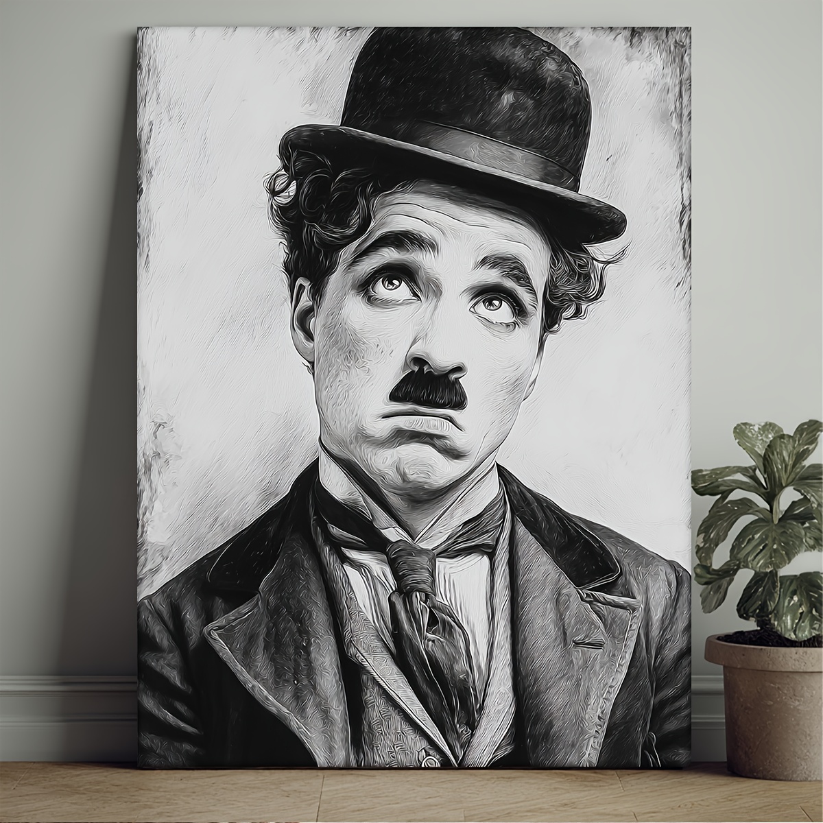 TEMU 2D Plat, 1 pièce Portrait Iconique et Blanc de Chaplin - Affiche d'Art Cinéma Vintage, Moustache de Chaplin, Nœud Papillon Signature avec