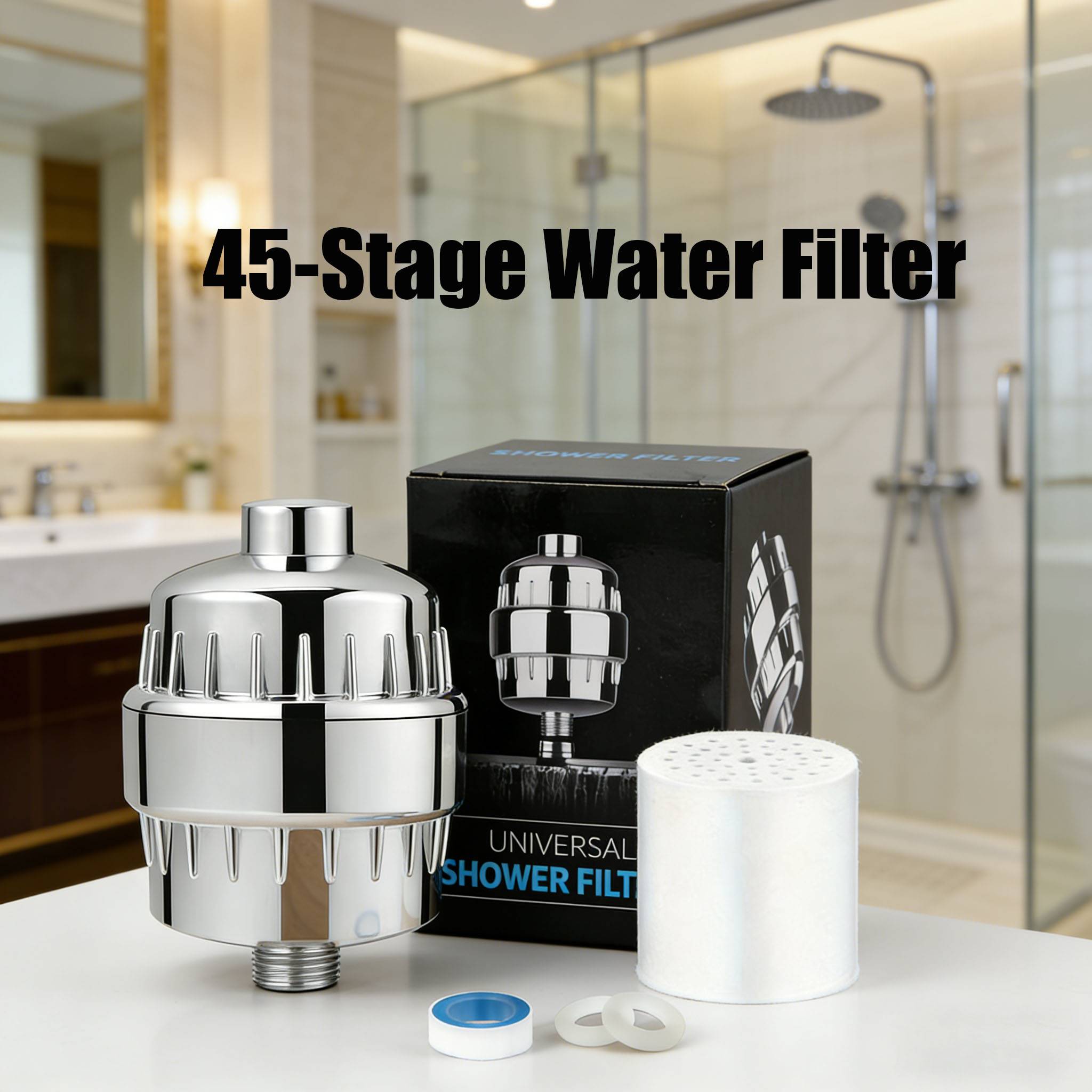 E-shop 11 cm/4,33 Zoll - 1 Stück 45-stufiger wandmontierter Duschfilter, Vollständiges Upgrade der Wasserfiltration, Geeignet für alle Duschköpfe