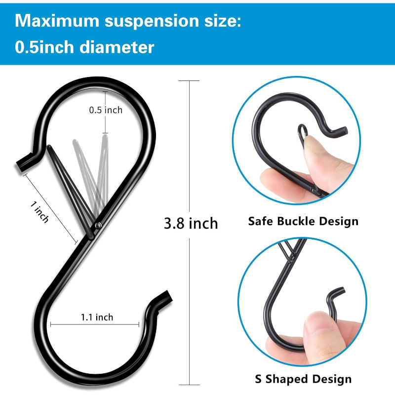 TEMU 5/11pcs Pack Heavy-duty S Hooks With Locking Safety Buckle - Wall-mountable Cast Iron Hooks Suitable For Hanging Towels, Bags, Plants, Curtains,