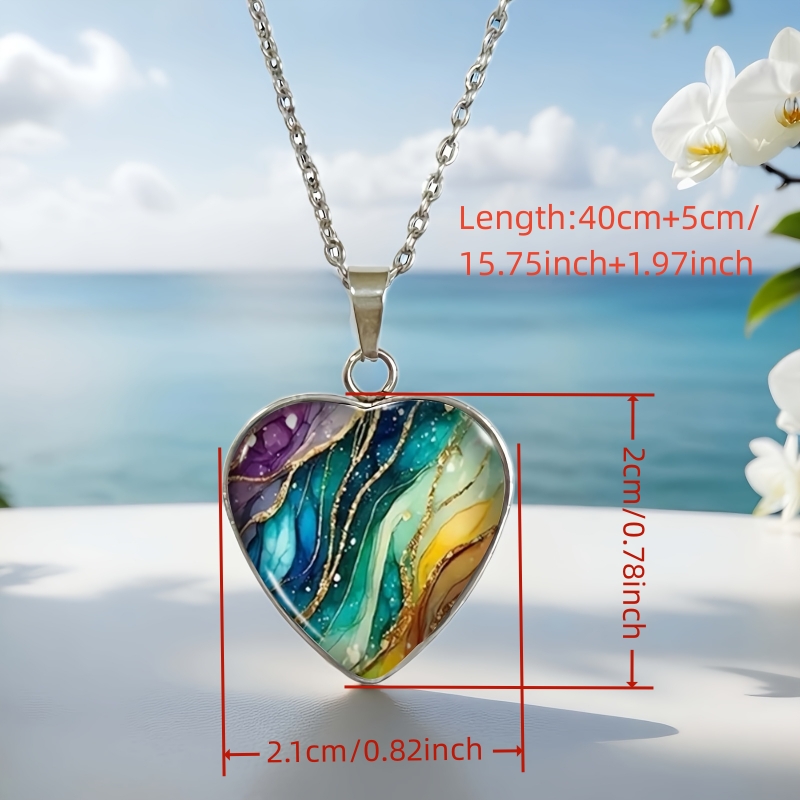 Bohemian Colorful Pattern Heart Necklace, Stylish Gift for Women