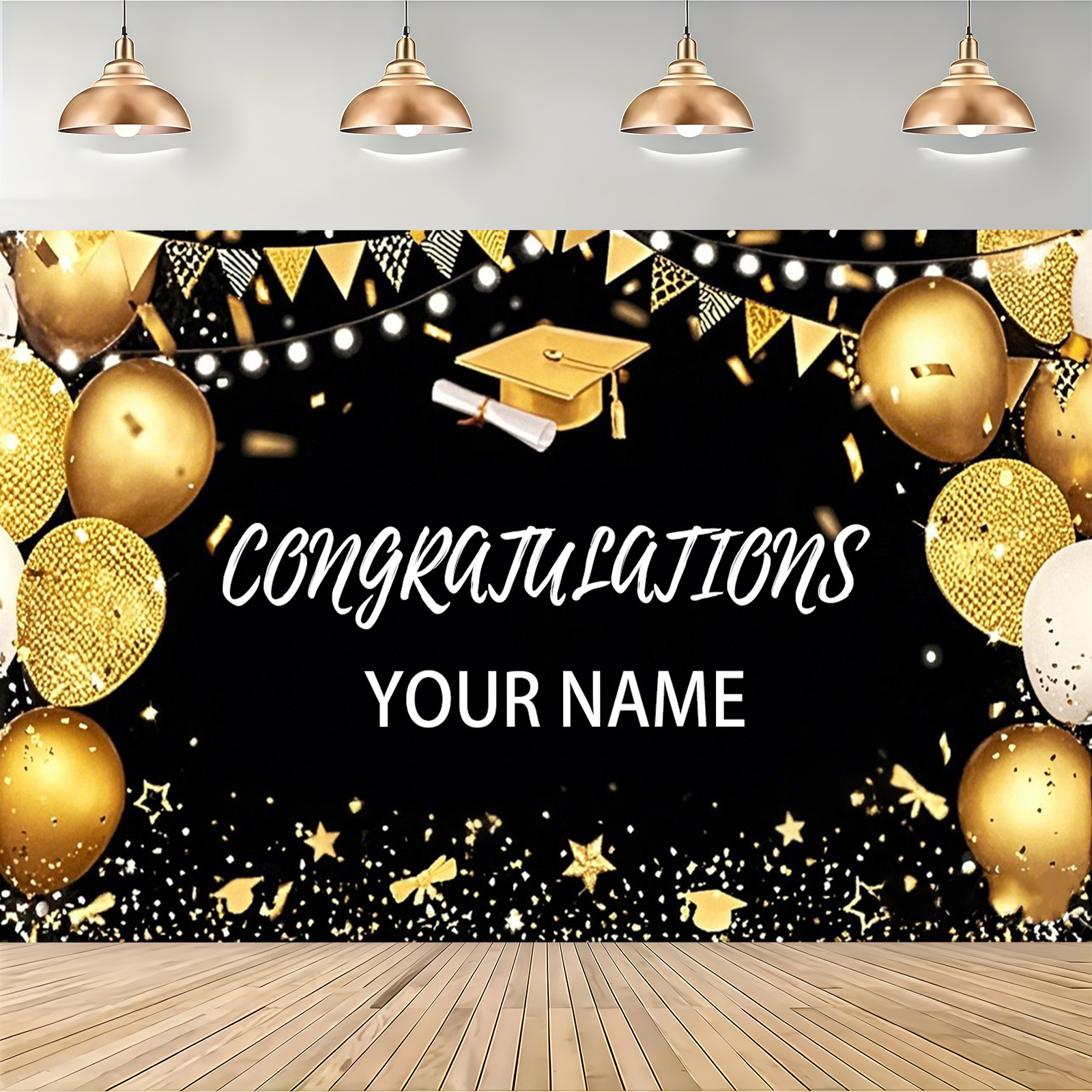 

Customizable Graduation Banner - 43.3x70.8" Polyester, Black & Golden With Cap And Design, " " Text - Elegant Indoor/outdoor Wall Decor For Grad Parties, No Power Required, Graduation Decorations