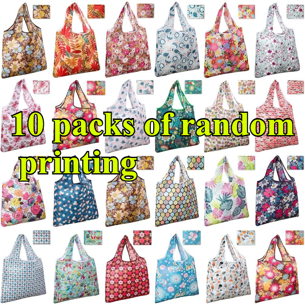 10-pack Reusable Grocery Bags - Foldable Polyester Shopping With Sturdy Handles, (pink, Yellow, Green, Orange, Purple, Red